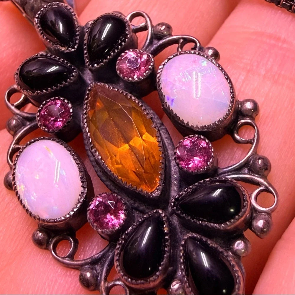 Vintage Feeny Sterling Silver Rainbow Opal Necklace Onyx Pink 925 - Picture 6 of 7